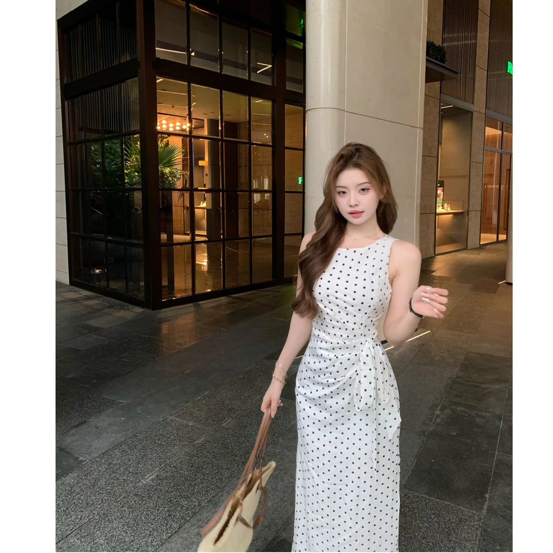SZA【烟雨行舟】夏季新款高级感优雅气质无袖波点绑带连衣裙A-2092