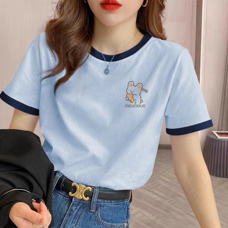 2024年秋季新款印花圆领潮流T恤百搭设计感纯色T恤insT888天蓝