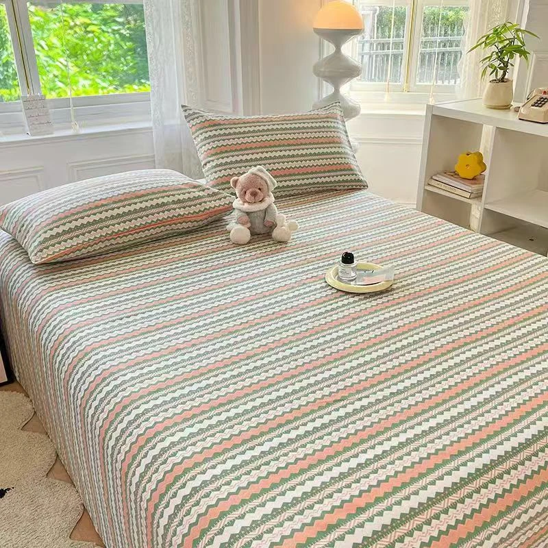 原棉老粗布条纹绿三件套床单枕套棉麻亚麻四季款小清新床单