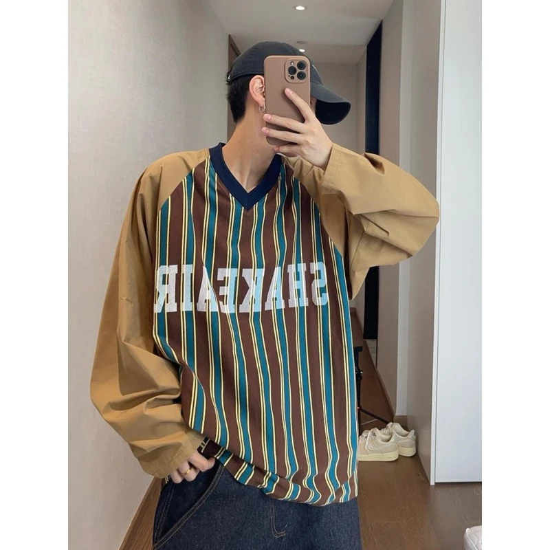 美式高街300斤特大码插肩袖T恤男女早秋复古休闲条纹拼色长袖上衣