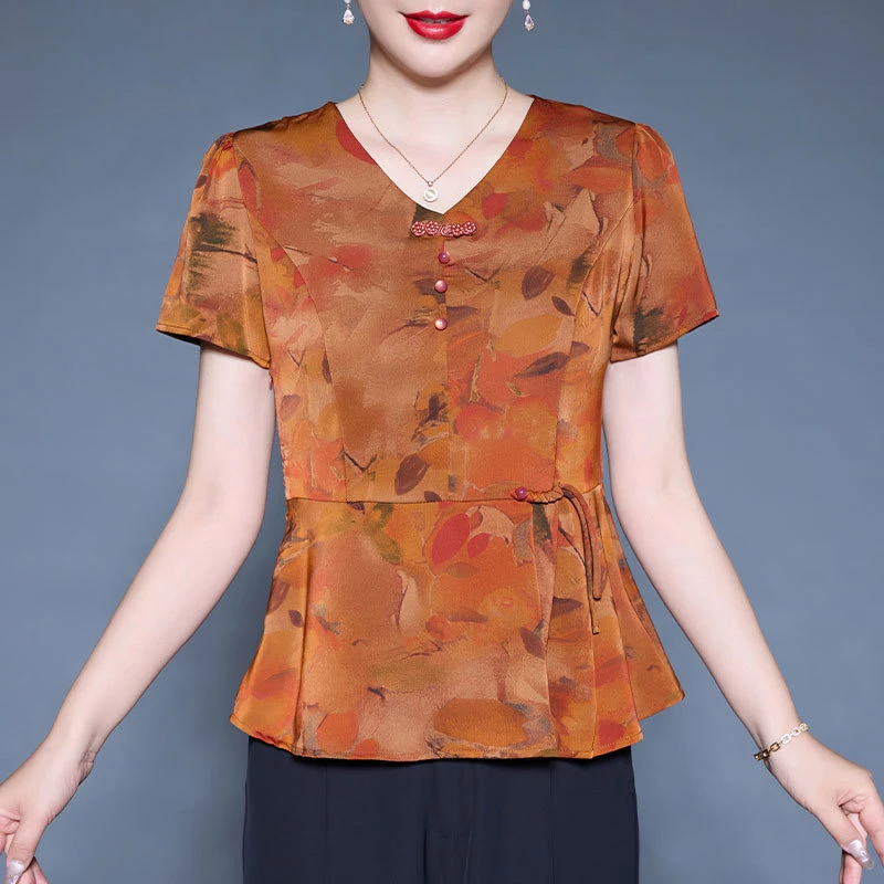 王小鸭2025夏季新款花色上衣女时尚透气舒适百搭中老年女装T恤