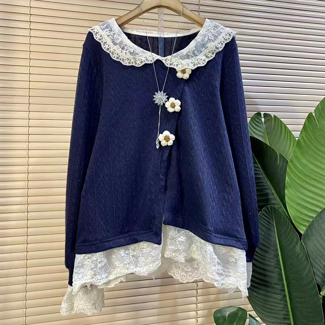 Y胖mm欧货时尚新款蕾丝立体花朵拼接假两件大衫