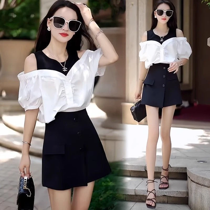 时尚显瘦拼接衬衫两件洋气夏季新款多巴胺宽松设计短袖上衣超仙