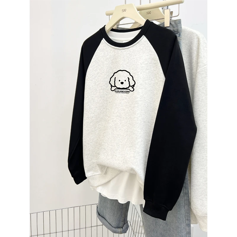 大码胖mm重磅洋气小狗印花插肩圆领卫衣女秋冬新款宽松慵懒风上衣