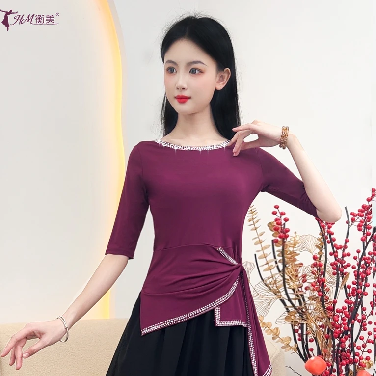 古典舞练功服时尚三层烫钻圆领显瘦绑带中袖2025夏季新款现代舞服