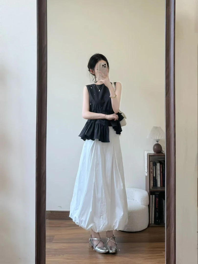 2025夏季新款法式温柔茶里茶气别致黑色无袖衬衫女百搭半身裙套装