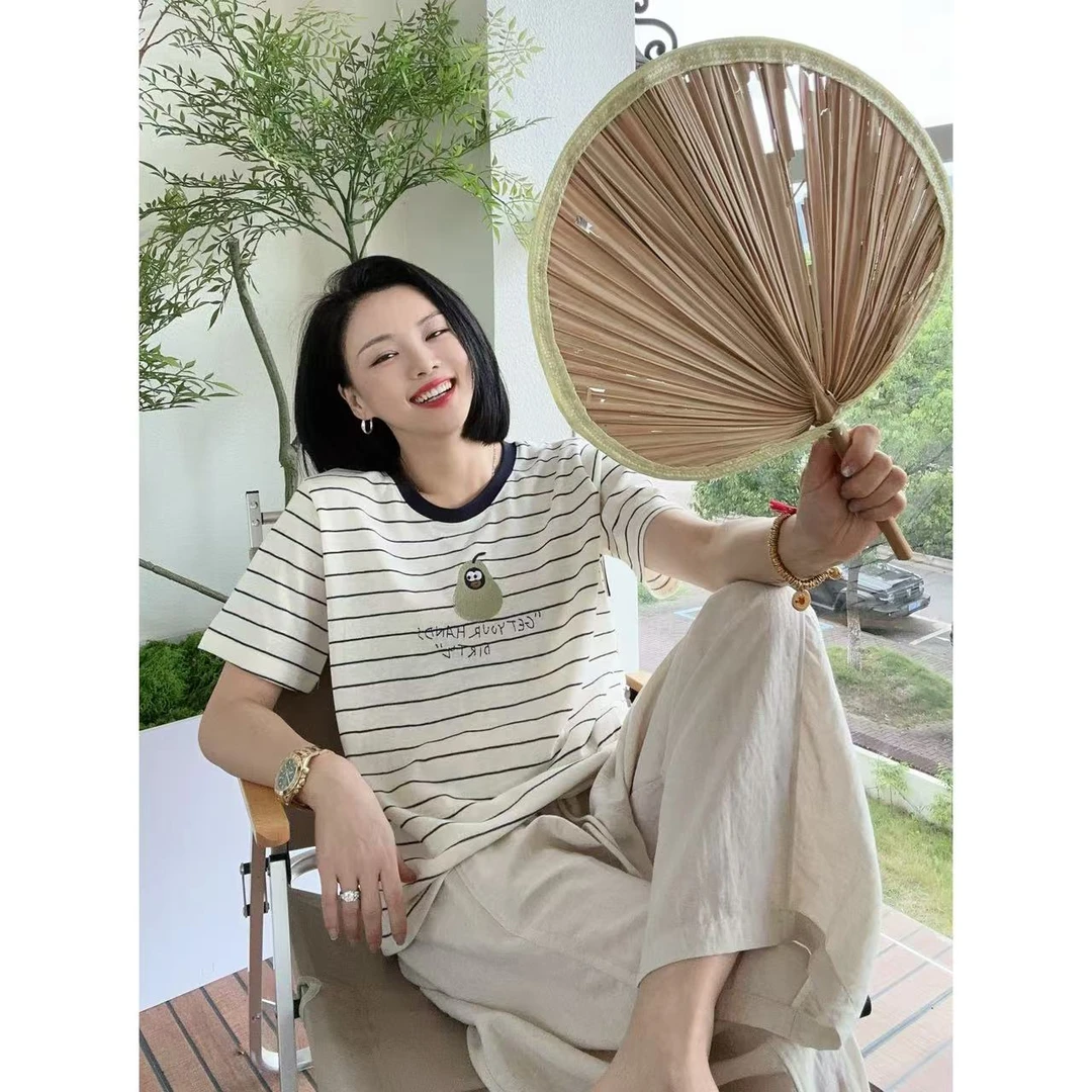 夏季大梨呀刺绣条纹圆领短袖T恤5-7-20