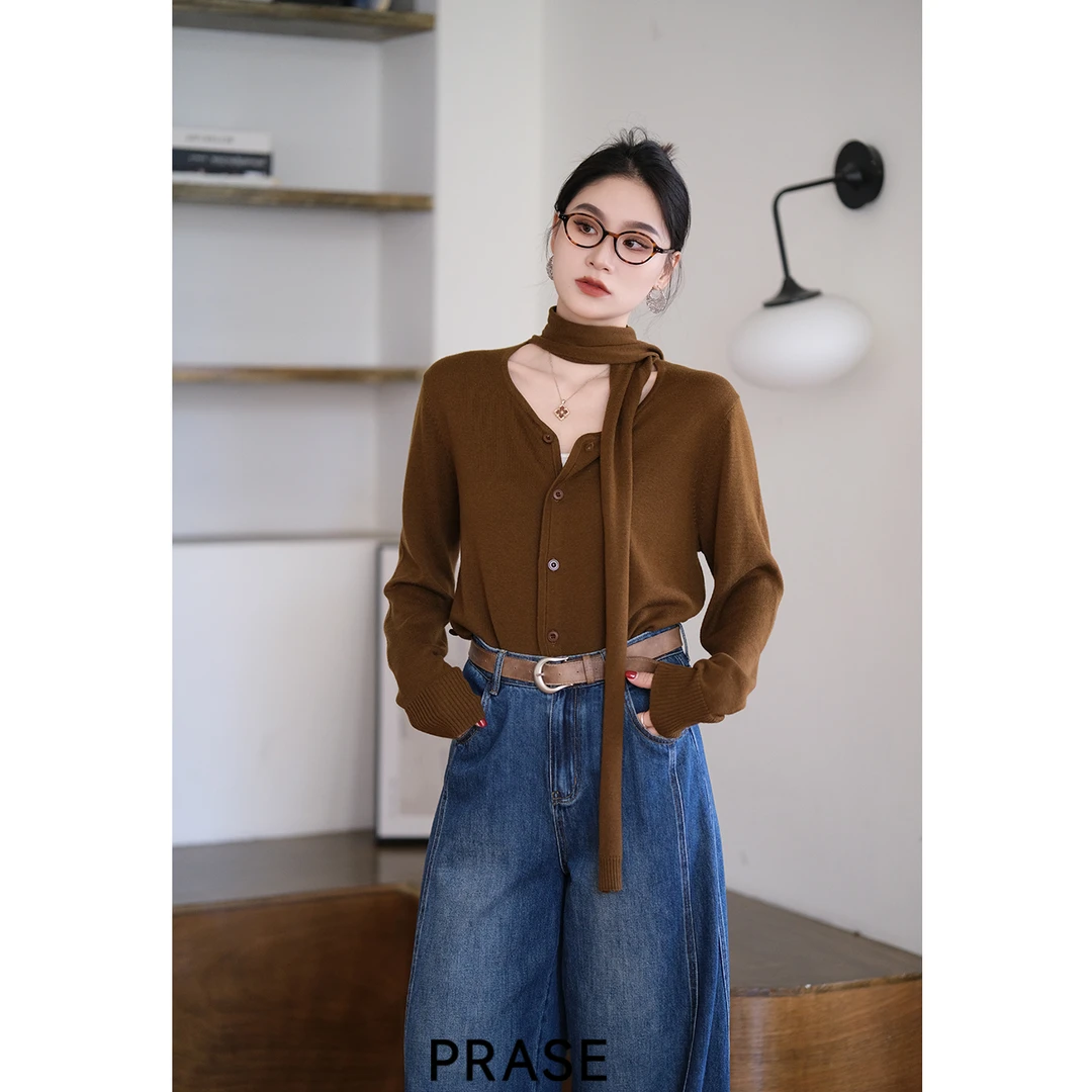 PRASE·噜【秋日私语】微胖轻奢设计款秋女羊毛收腰飘带毛衣PR508C90