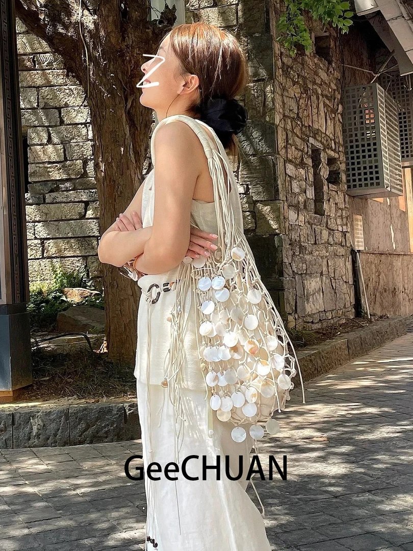 GeeCHUAN海边度假风贝壳装饰网兜包大容量百搭编织镂空流苏单肩包