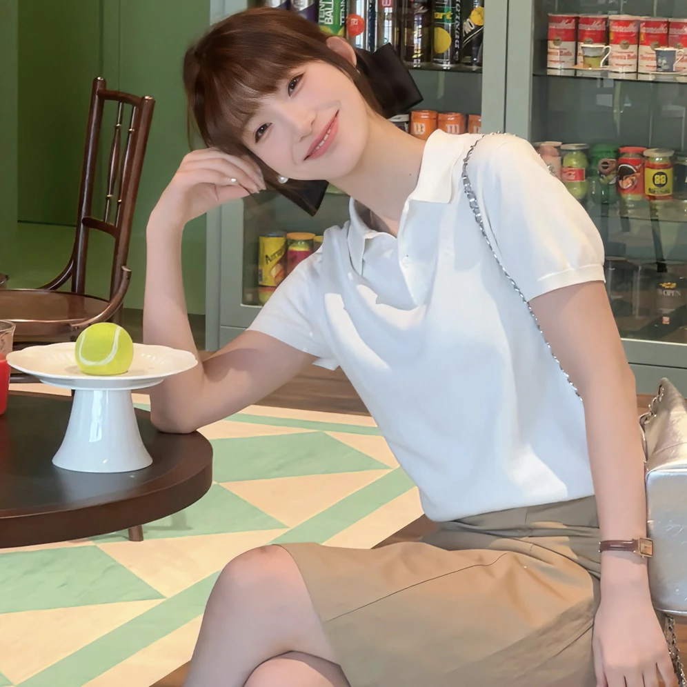 韩国八奶日常款纯白色简单百搭韩版简约polo衫宽松透气上衣