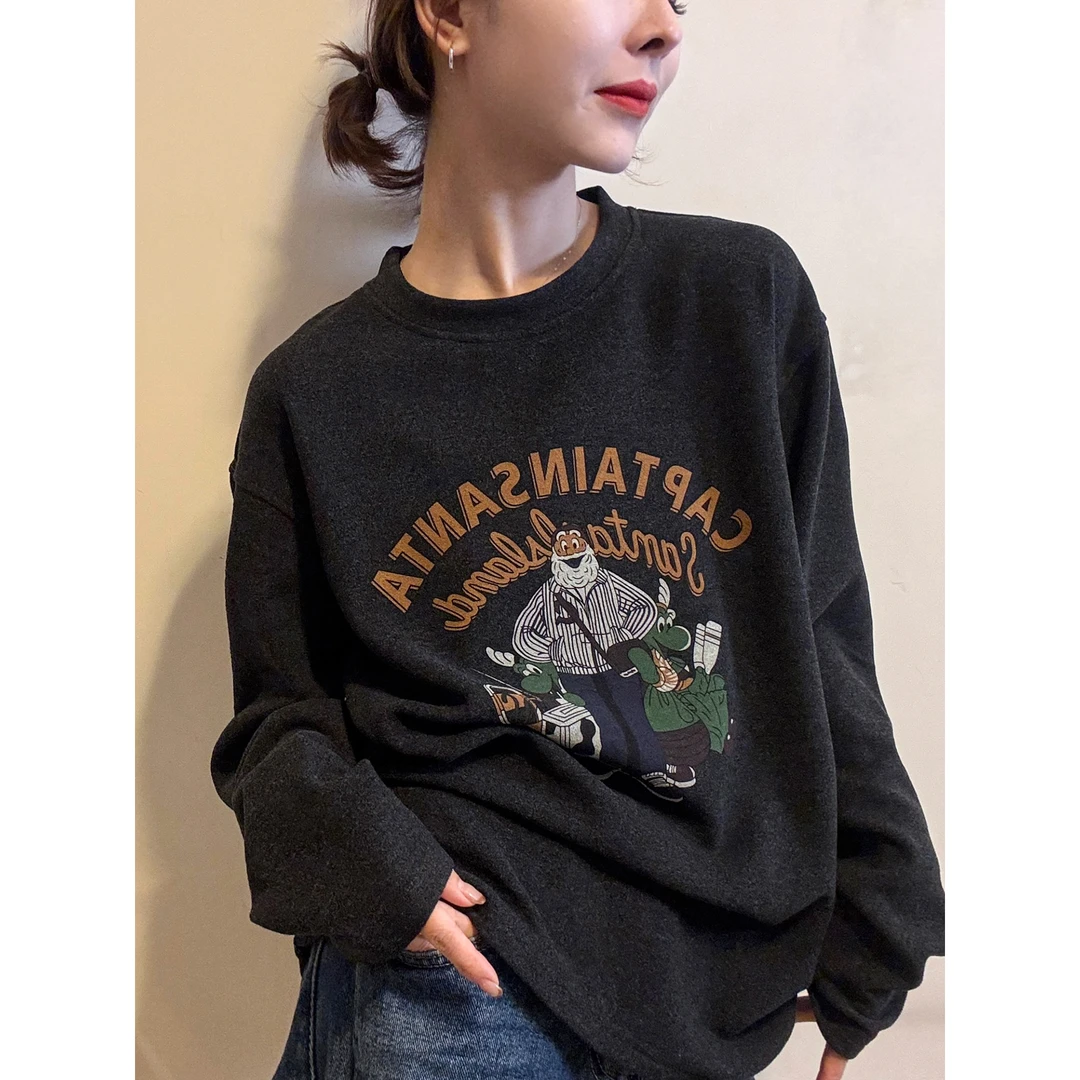 卡通印花字母磨毛加厚T恤女欧洲站2025冬装新款欧货女装打底衫潮