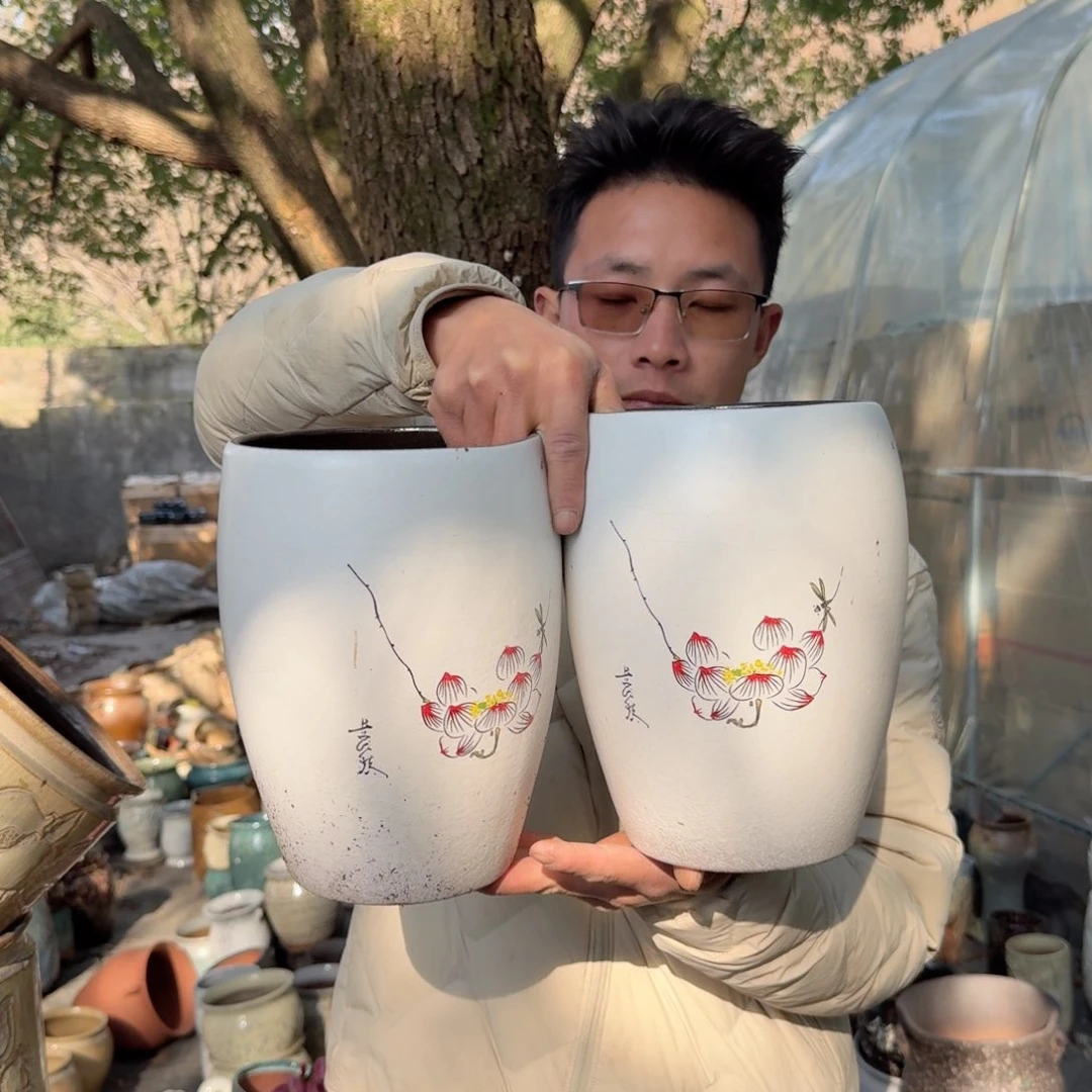 紫砂花盆口16高24（两个手绘莲花蛋壳