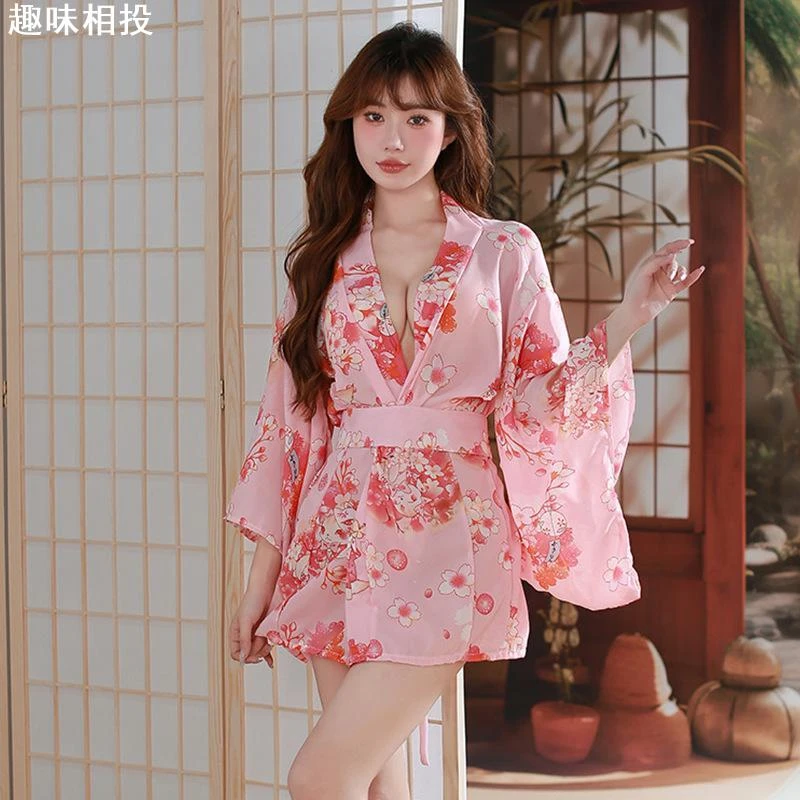趣味相投内衣日系印花家居服性感诱惑开襟粉色制服女镂空浴袍