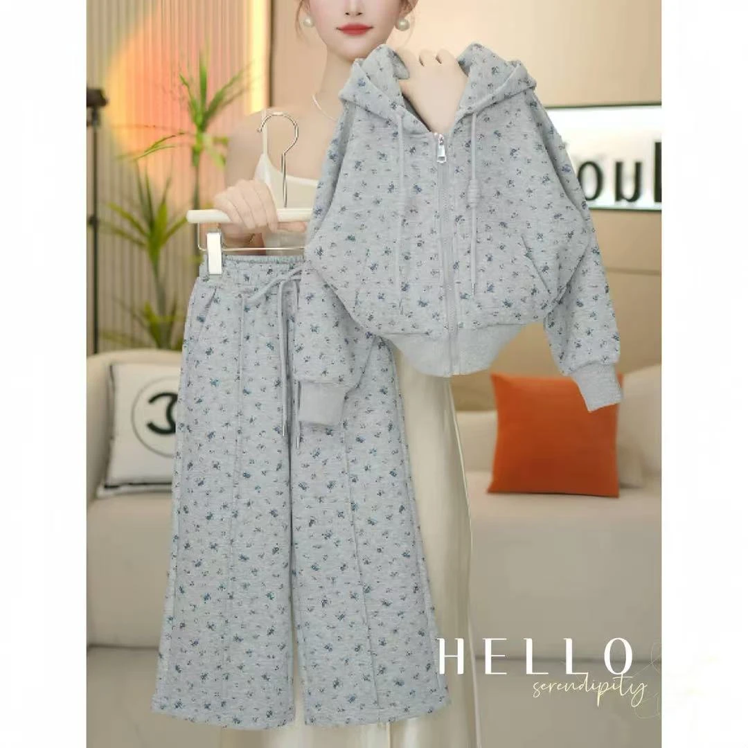 美式2025学院风慵懒运动套装女春秋季新款宽松碎花连帽卫衣减龄潮