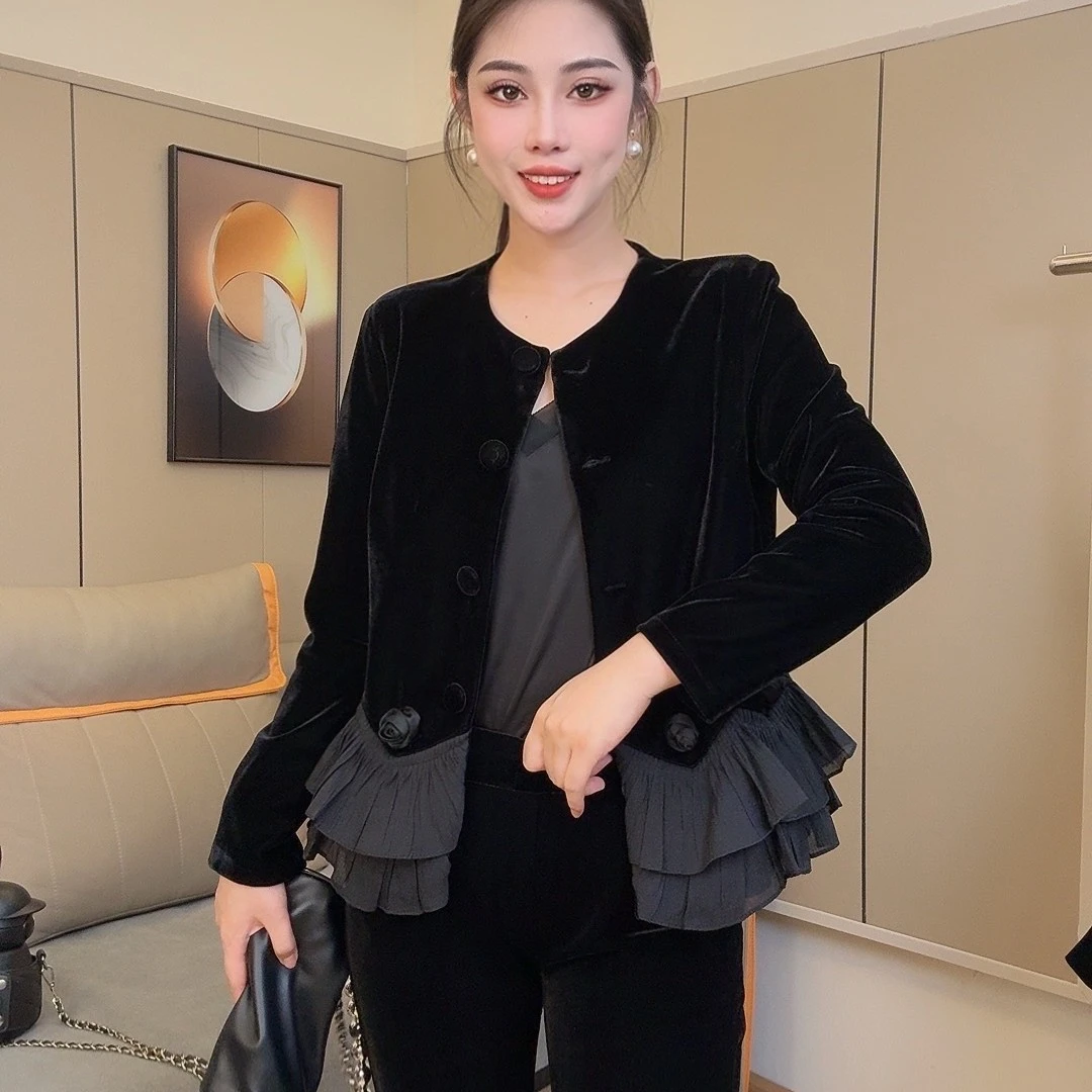 5616设计师原创定制高端品质时尚休闲新中式拼接秋季女神丝绒外搭