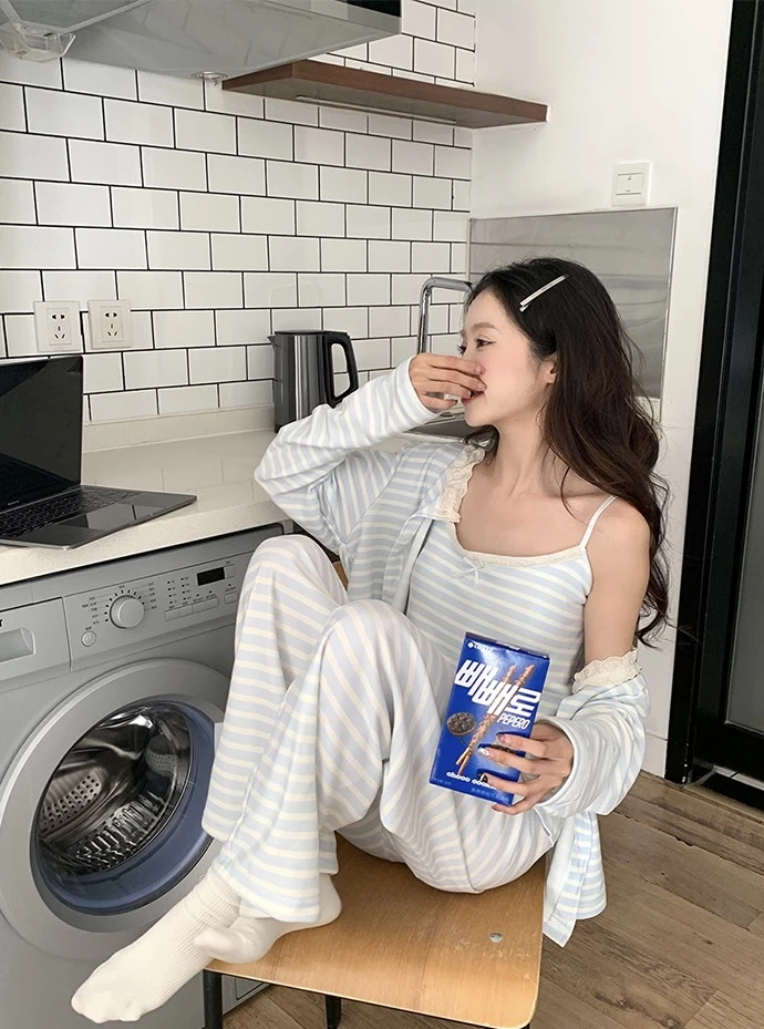 【条纹三件套】秋款德绒条纹吊带睡衣女带胸垫三件套舒适外穿家居服