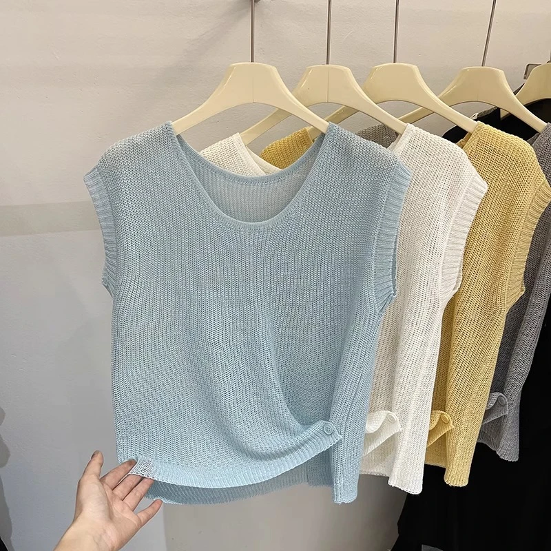 韩系新款针织背心圆领冰丝t恤短款多巴胺穿搭无袖上衣女夏高级感