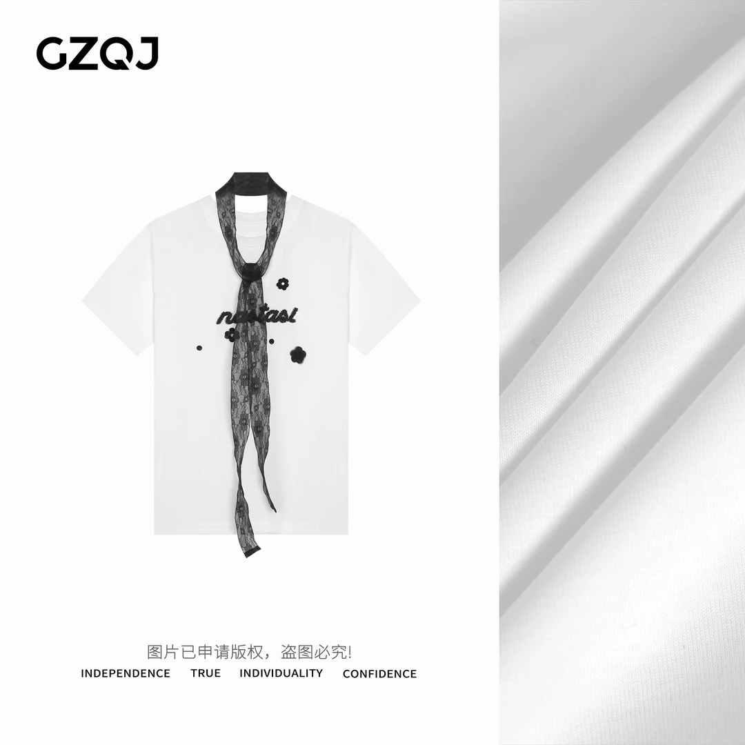 老琴私服 【白夜刺青】欧若风时尚花朵蕾丝飘带短袖T恤女春夏  7128