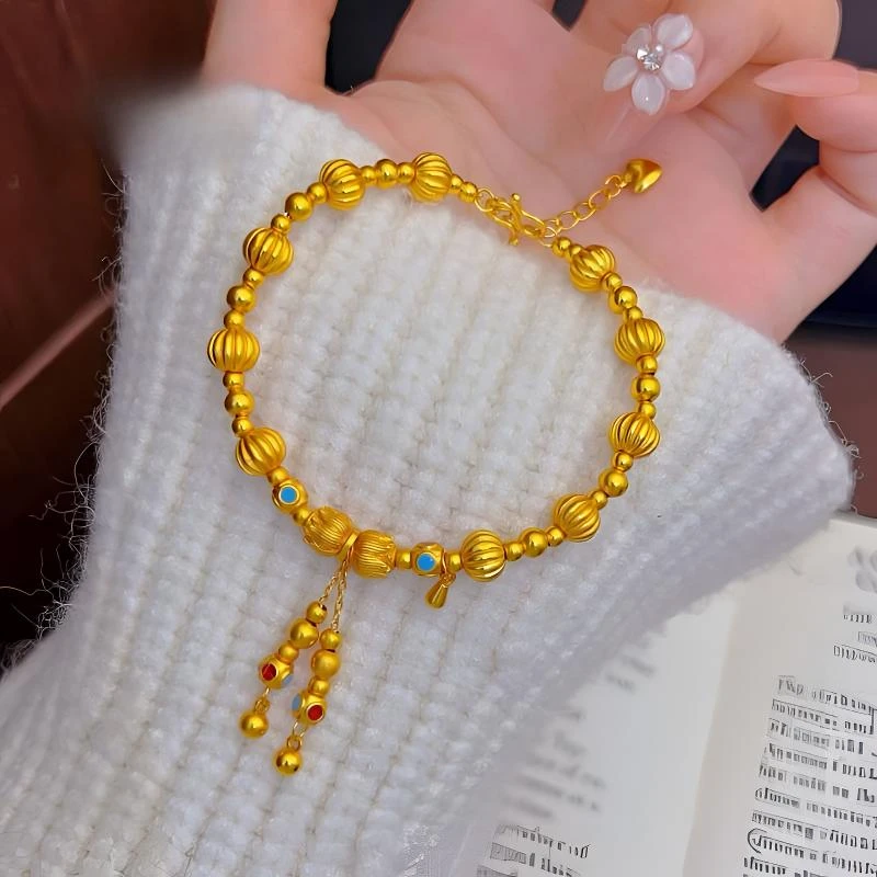 铜合金亚克力手链 中式并蒂莲珐琅流苏南瓜转运珠手链古法珠珠