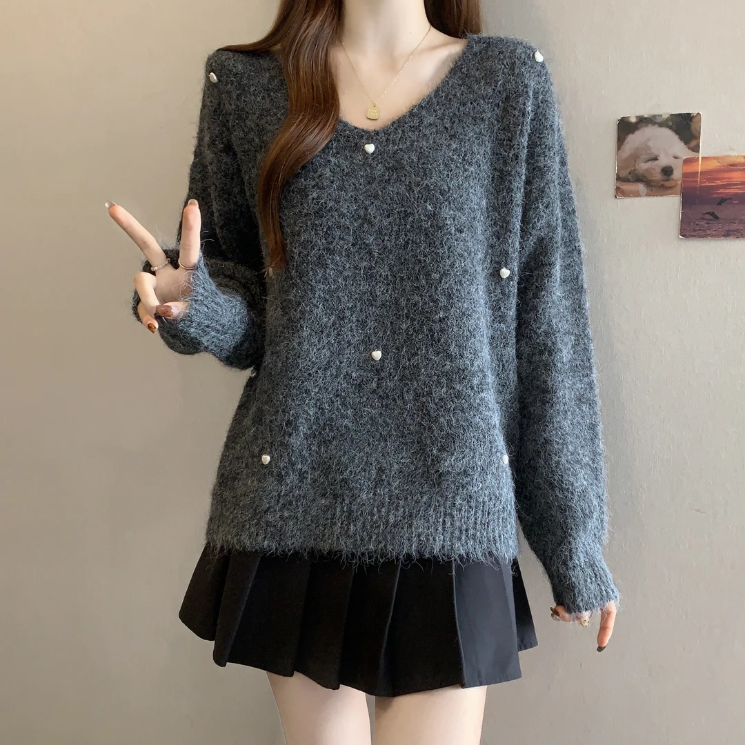 春秋冬季2025新款韩版长袖V领套头内搭打底针织衫女宽松毛衣上衣