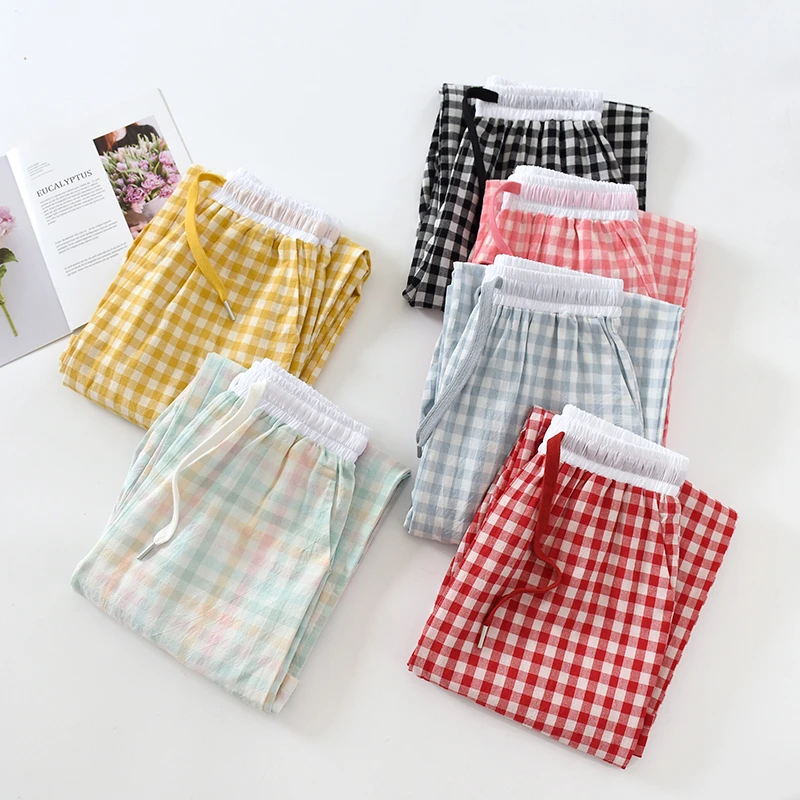 春秋日系水洗纯棉睡裤女长裤宽松薄款休闲家居小格子家居裤可外穿