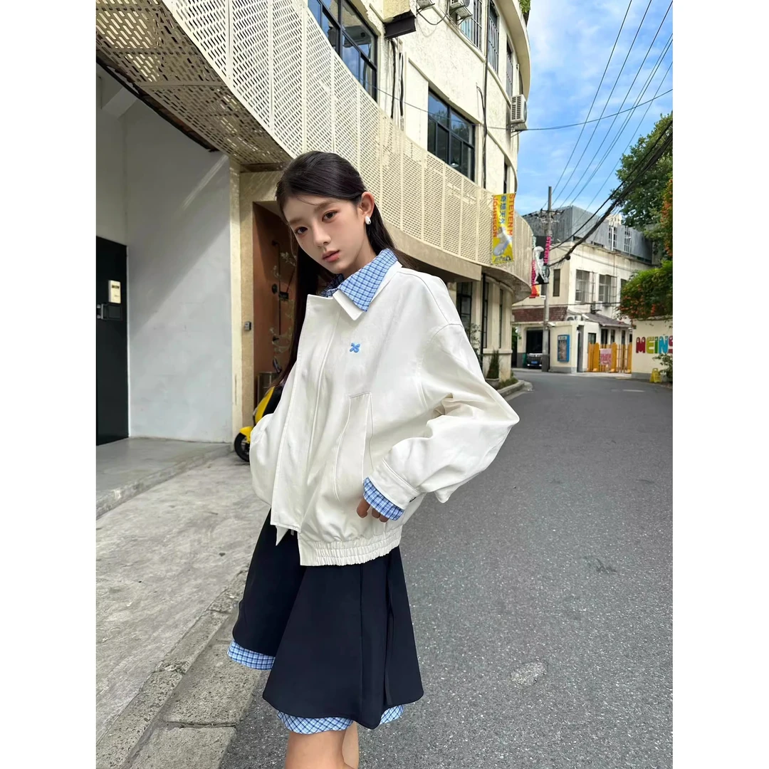 撞色翻领刺绣假两件设计夹克外套女款春秋2025年开春新款休闲上衣