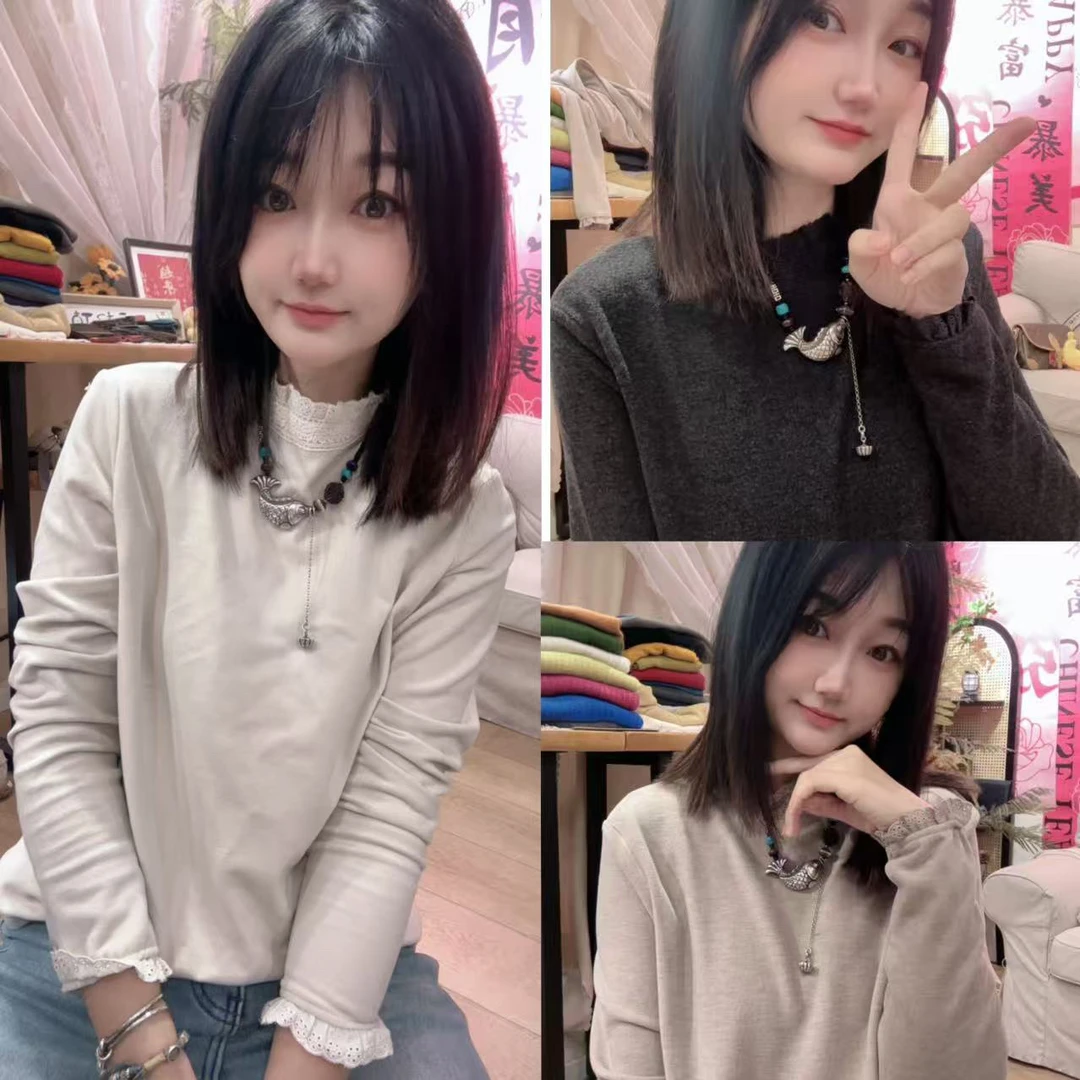 【咖啡牛奶】秋冬新款 时尚洋气百搭宽松显瘦精致刺绣花边领打底衫