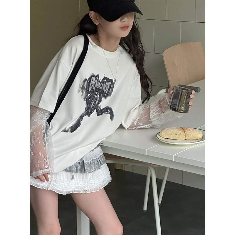 k28381孙小美 亮钻芭蕾风蕾丝袖女童长袖T恤夏装2025新款儿童