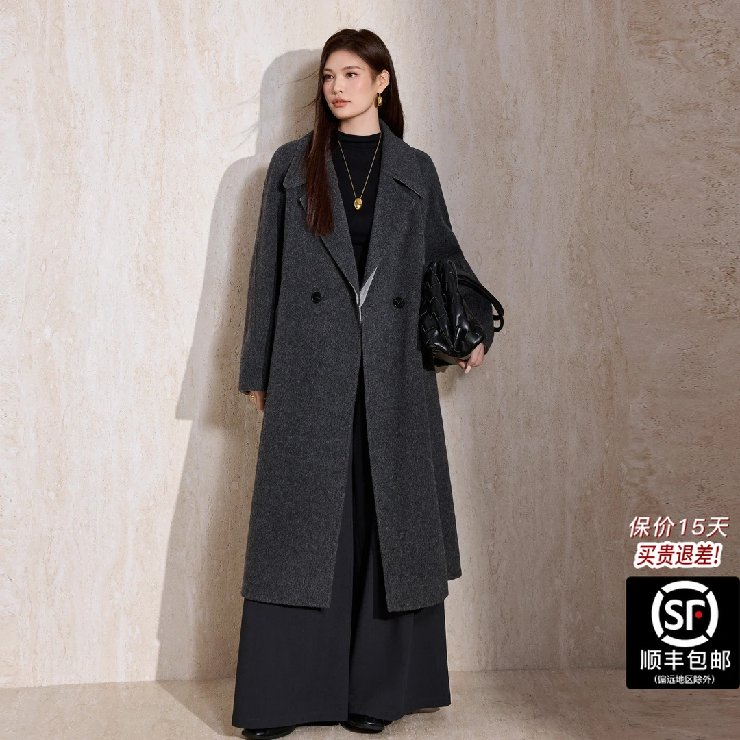蓝语大码女装秋冬毛呢外套法式显瘦大衣气质黑色外套双排扣
