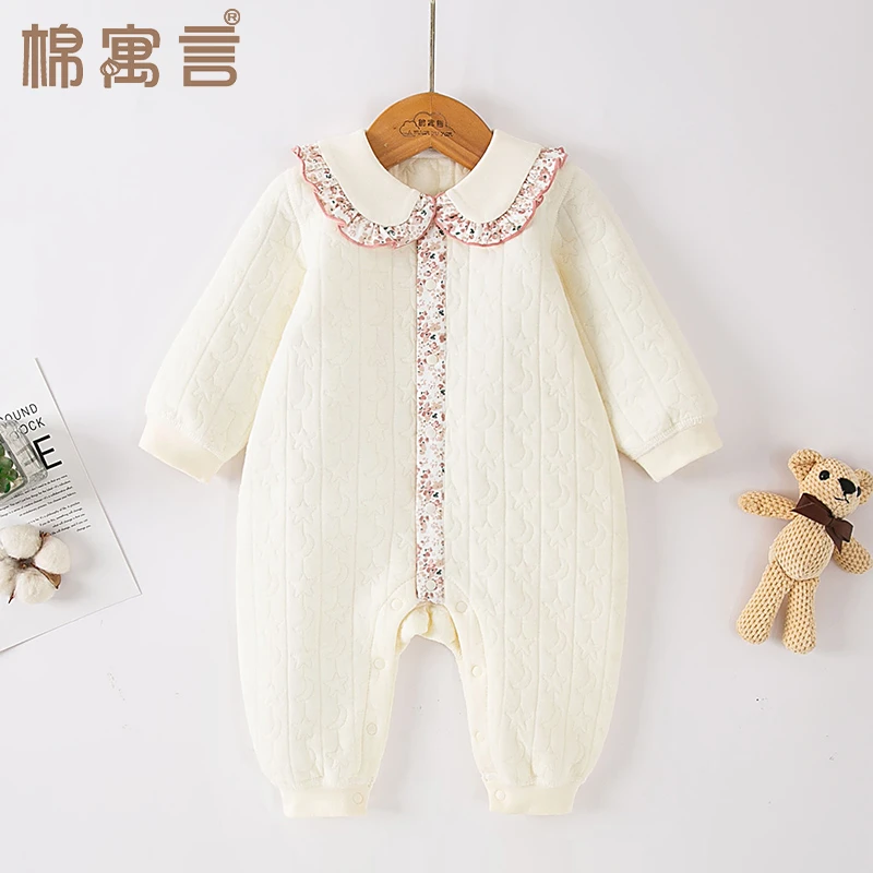 婴儿秋冬加厚三层夹棉连体衣保暖爬爬服可爱木耳领女宝宝哈衣外穿