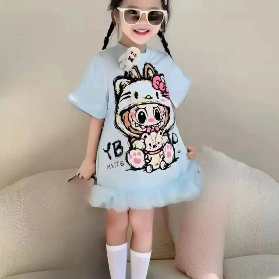 MN女童蓝色拉布布公主裙2025夏季薄款纯棉连衣裙可爱女孩卡通纱裙