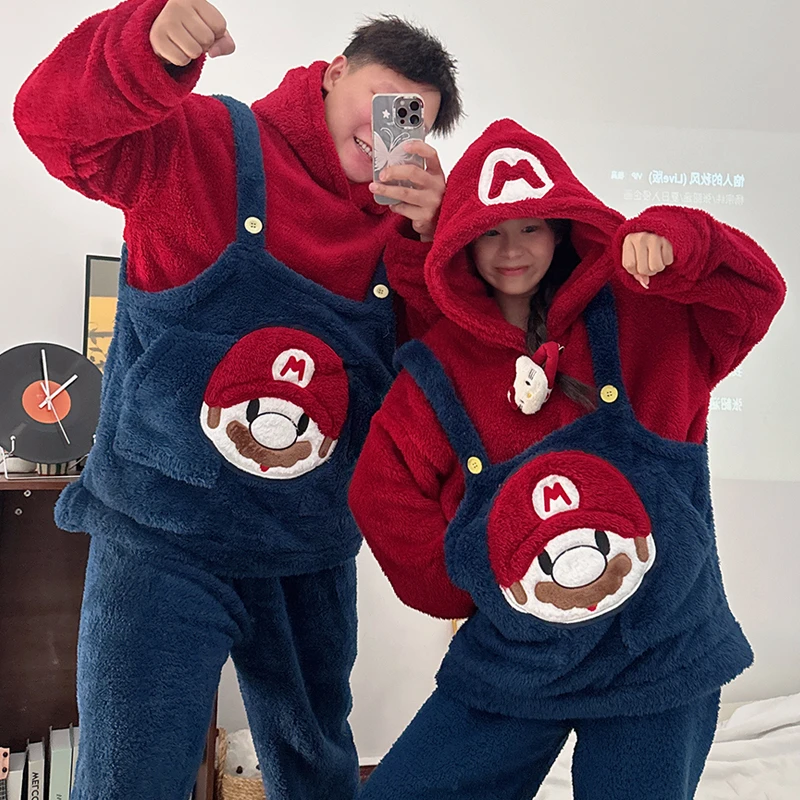 马里奥情侣睡衣女冬季加厚大码珊瑚绒可爱搞怪男生连帽家居服外穿