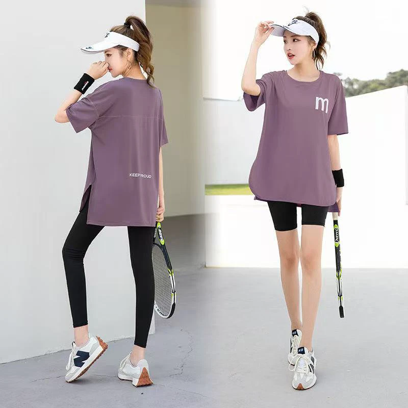 健身套装女夏季宽松显瘦大码跑步遮臀短袖上衣健身瑜伽服两件套女