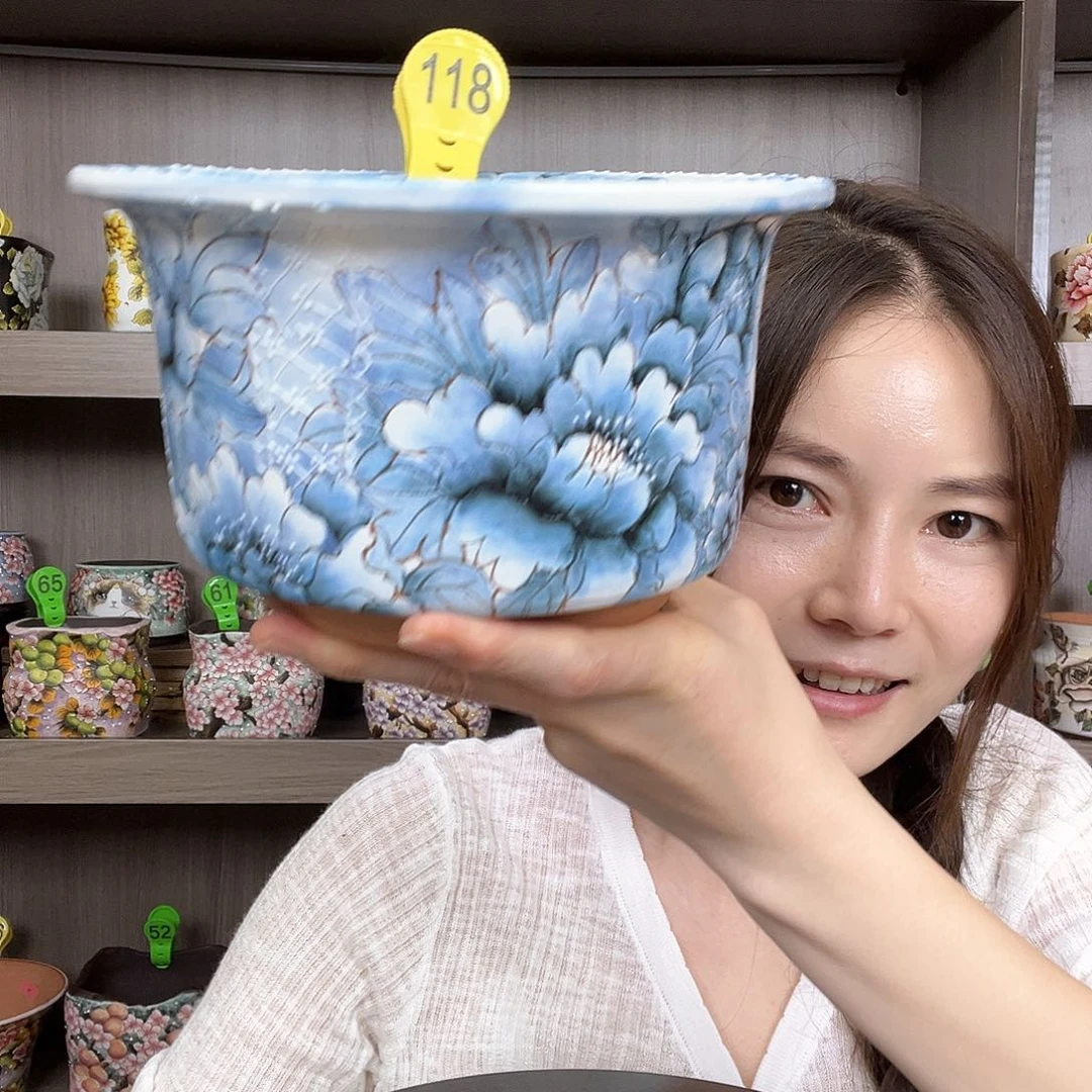手绘陶瓷花盆口14高11