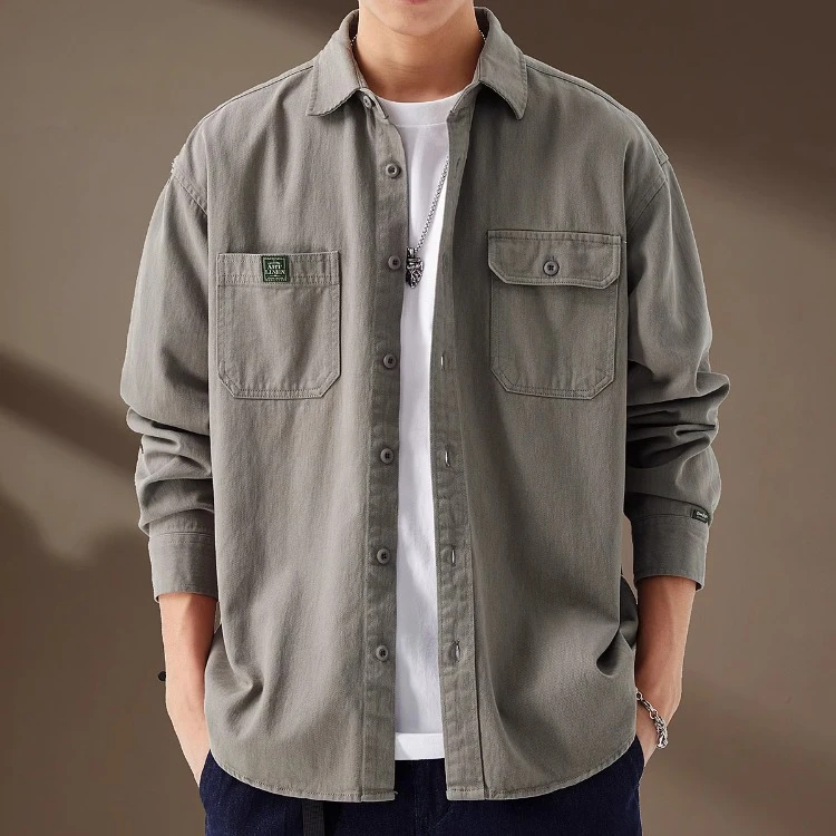 春秋美式潮牌复古工装衬衫男长袖大码休闲宽松春秋款衬衣百搭外套
