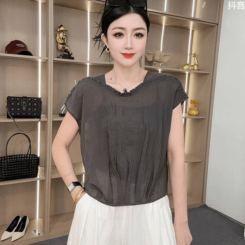 夏季薄款时尚宽松圆领纯色短袖小衫新款休闲简约百搭气质上衣