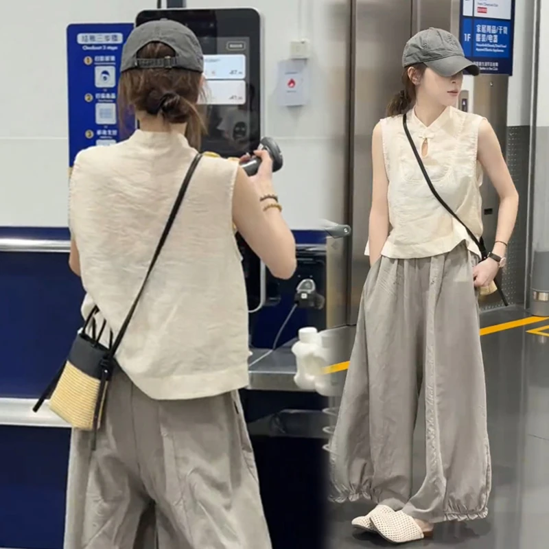 2025夏装气质国风休闲无袖背心衬衫盘扣上衣宽松舒适阔腿裤套装女