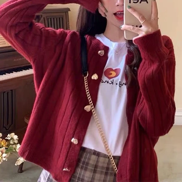 法式甜美风开衫毛衣外套女秋冬大码韩版宽松显瘦修身红色针织新款