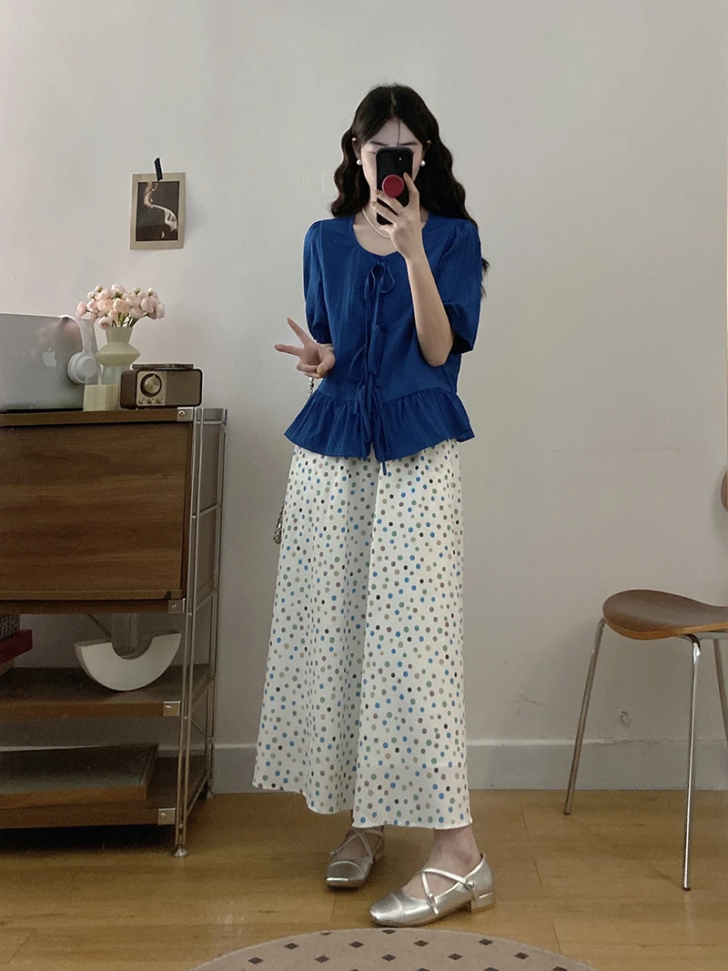 2025夏装新款胖mm大码女韩系蝴蝶结短袖小衫波点半身裙套装22611