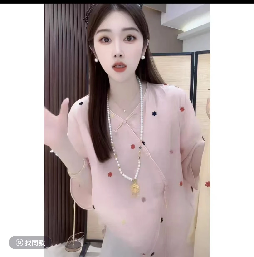 新中式刺绣斜襟薄款短袖T恤夏季民族风盘扣流苏宽松女上衣小衫