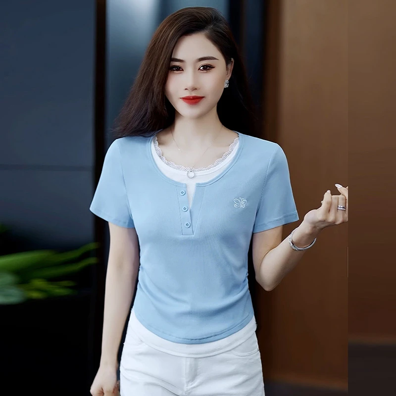 时尚洋气蕾丝拼接假两件短袖T恤女夏新款短款修身显瘦小个子上衣