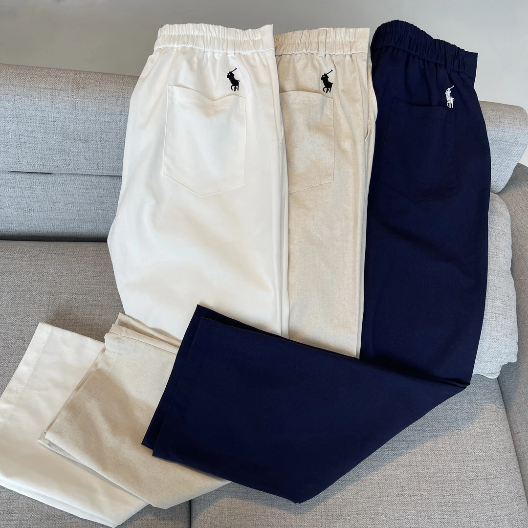 老钱风白色亚麻裤男夏季垂感慵懒松弛感裤子小马刺绣棉麻阔腿裤