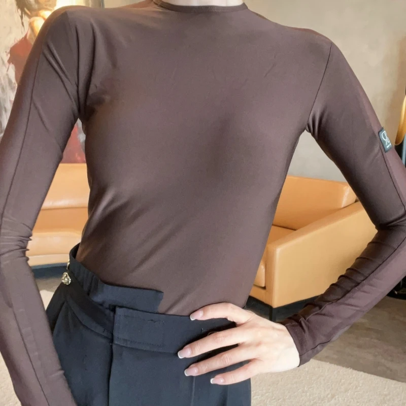 GR1141极简风网纱拼接连体上衣摩登舞拉丁舞国标舞修身长袖圆领