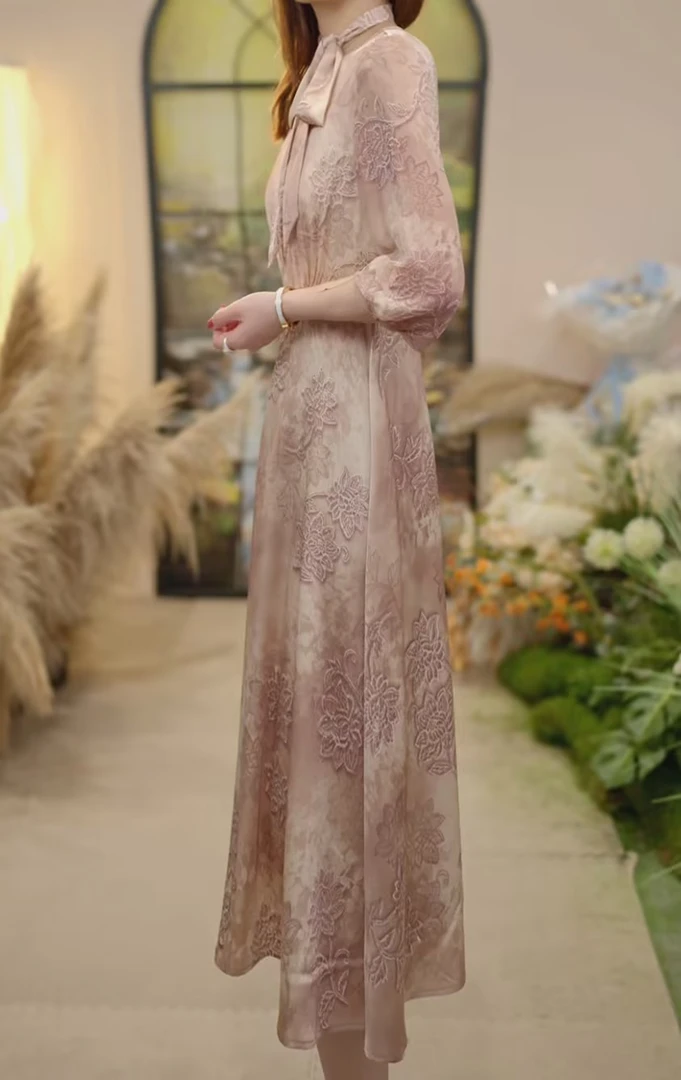 【618特惠】DP-欧式五分袖印花夏季中长裙连衣裙国风优雅长裙复古