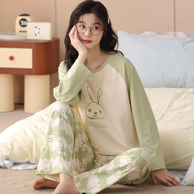 卡之恋女士睡衣春秋季新款纯棉小清新绿色卡通兔子学生全棉家居服