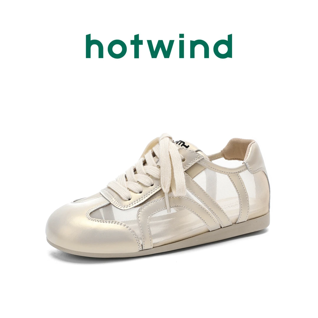Hotwind/热风网纱透气阿甘鞋女2025夏季新款舒适平底休闲德训鞋