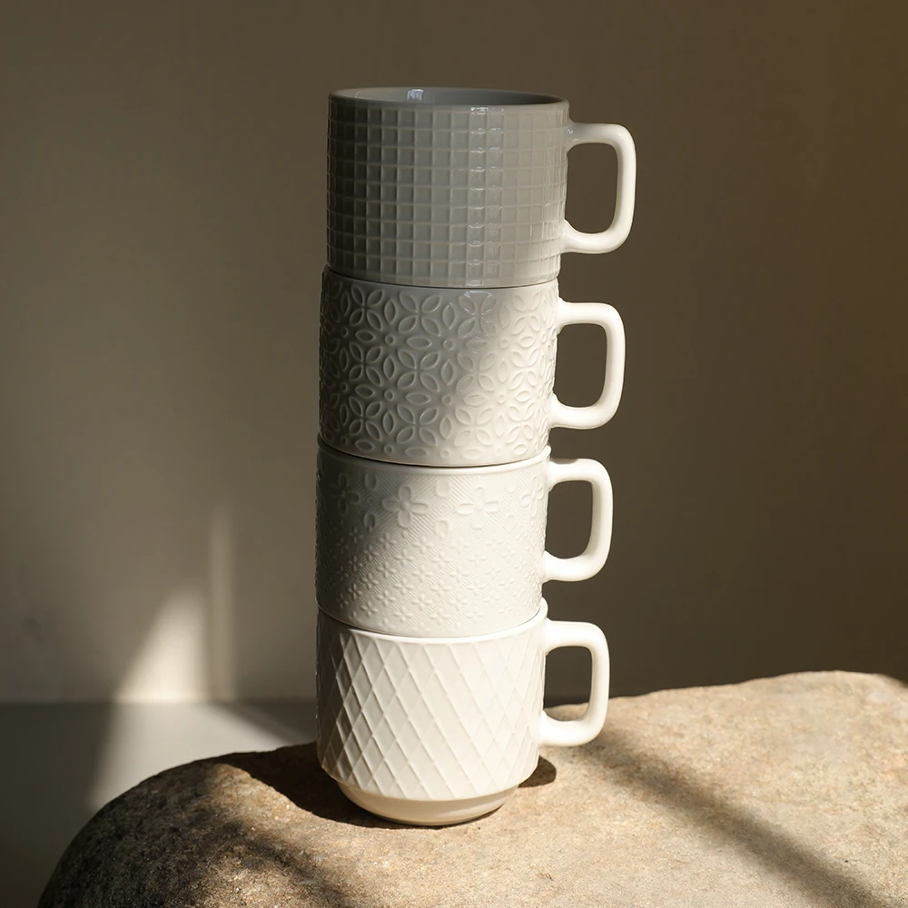 浮雕带耳咖啡杯四件套 精致欧式咖啡杯【直播福利专享】