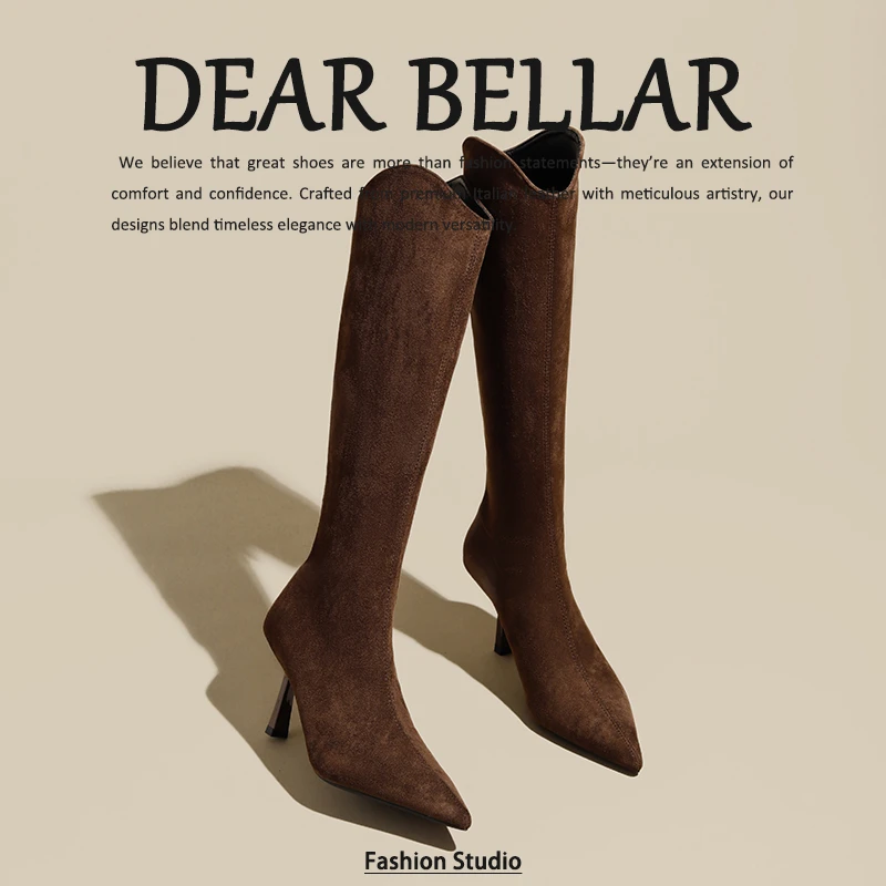 秋冬高级感细高跟尖头长筒靴加绒2025法式棕色复古时装靴过膝女靴