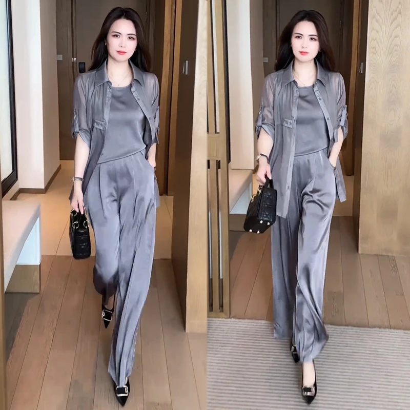 小个子2025夏季新款短袖显瘦气质高腰灰色洋气三件套装女时尚减龄