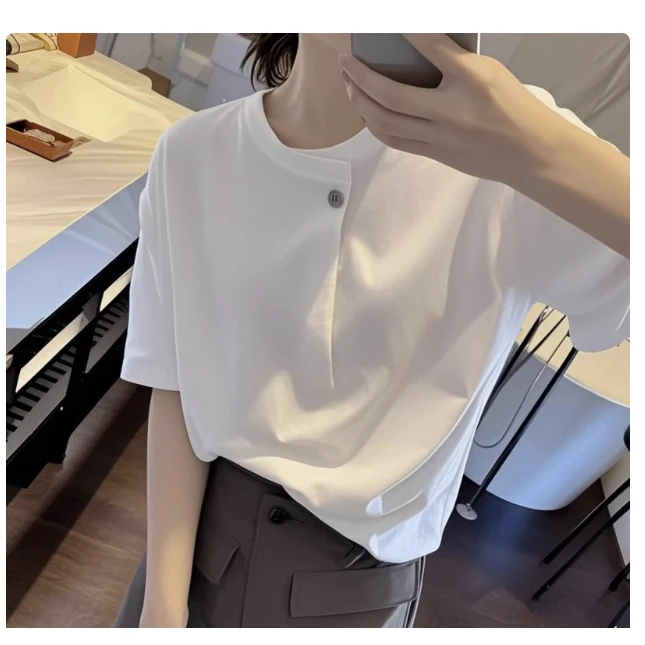 一粒纽扣白色正肩短袖t恤女装夏季美式高街设计感宽松超好看上衣